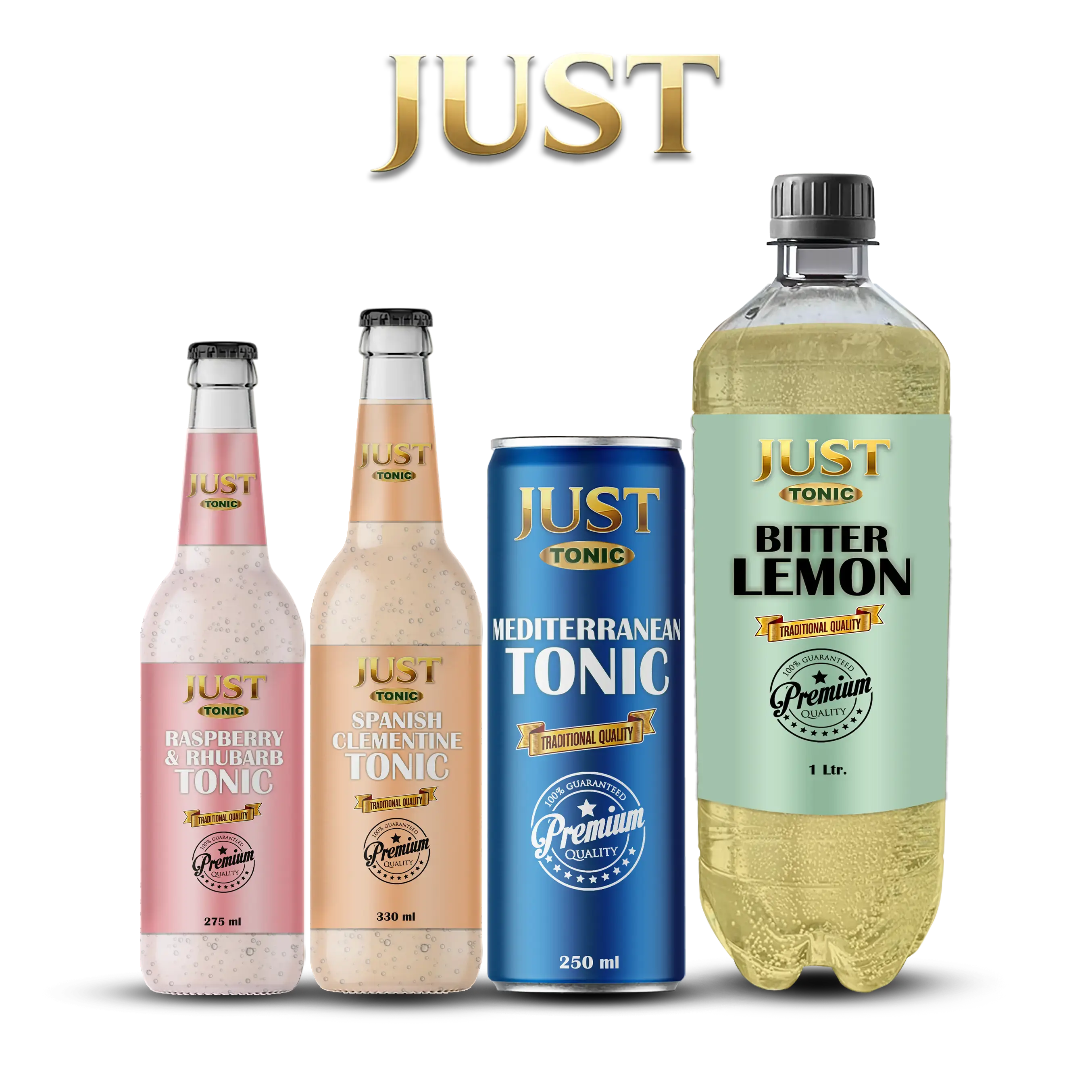 JUST Tonic range featuring Raspberry &amp;amp;amp; Rhubarb 275 ml, Spanish Clementine 330 ml, Mediterranean Tonic 250 ml can, and Bitter Lemon 1 L bottle.